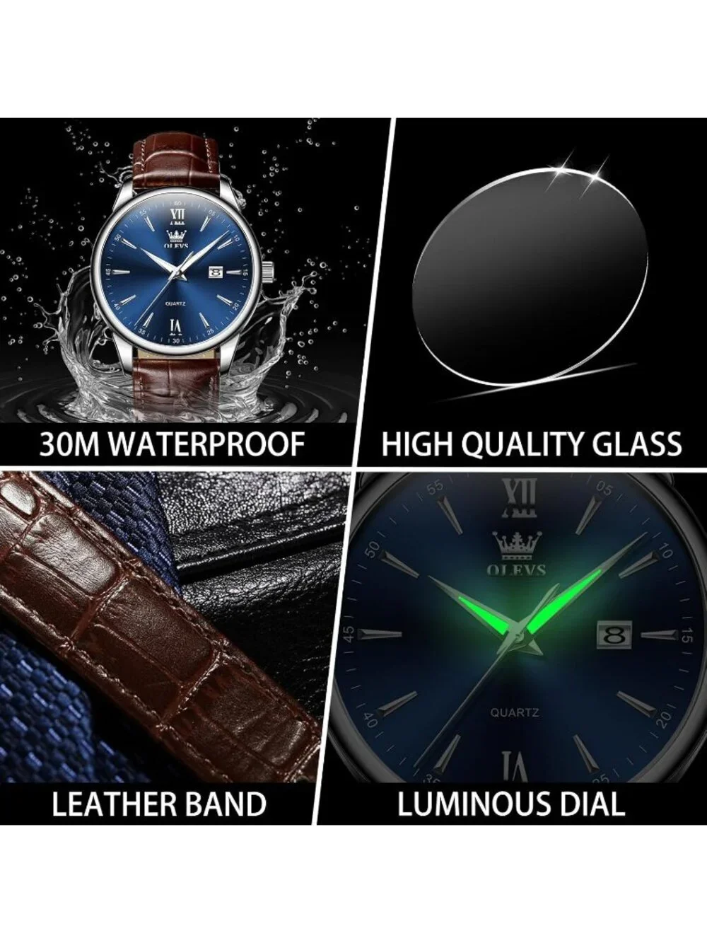 Men's Blue Brown Leather Band Waterproof Relog Para Hombres Classic Wrist Watch